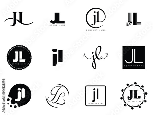 JL logo company template. Letter j and l logotype. Set different classic serif lettering and modern bold text with design elements. Initial font typography.