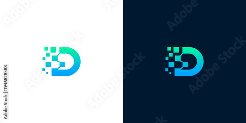 Abstract digital letter D logo concept with pixelated effect and gradient color, modern technology symbol and identity design