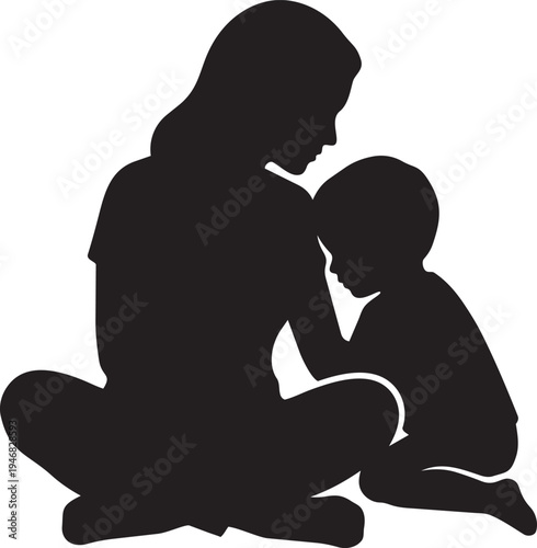Mother and Child Sitting Together Minimal Vector Silhouette Family Bond Illustration