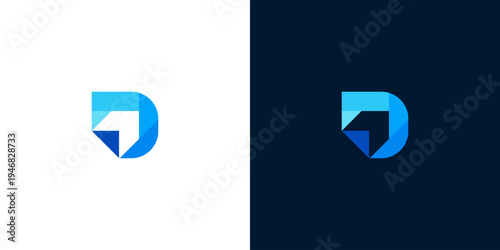 Abstract geometric letter D logo design with blue and white gradients on dark and light backgrounds, representing digital innovation and modern branding
