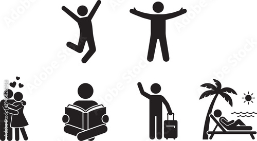 People lifestyle silhouettes set, happiness love reading travel vacation leisure activity icon collection vector