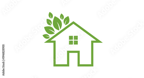 Eco-Friendly Home Concept Represented by a Green House and Leaves, Environmental Icon