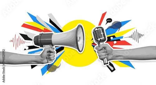 Hands holding megaphone and radio microphone.