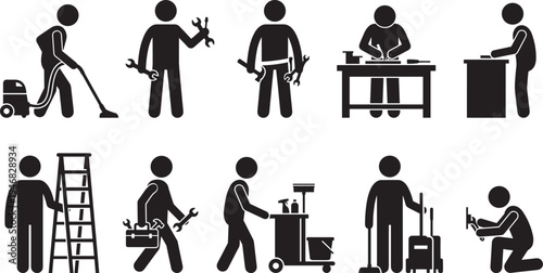 Service profession worker silhouettes set, cleaner technician repairman maintenance staff tools workplace vector illustration