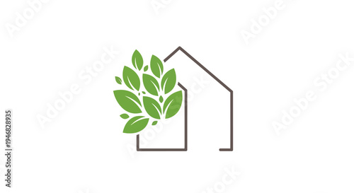 Eco-friendly house logo design featuring green leaves and simple architectural lines
