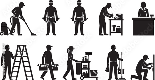 Service worker profession silhouettes set, cleaner technician repairman cashier maintenance staff working tools vector illustration