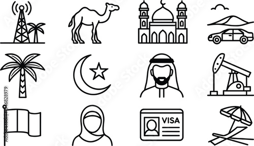 Middle Eastern culture icons set featuring mosque, camel, oil rig, palm tree, crescent moon, traditional attire, tourism, economy, and heritage in black and white illustration
