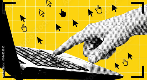 A hand interacting with a laptop keyboard.