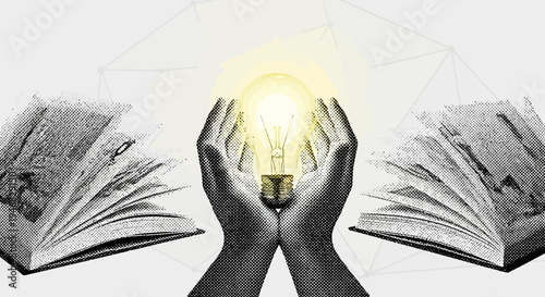 Hands holding a glowing light bulb between two open books.