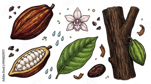 Cocoa pods and leaves scattered around a tree trunk with a flower.