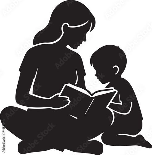 Mother Reading Book to Child Minimal Vector Silhouette Family Education Illustration