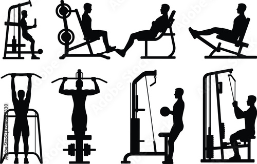 Silhouette collection of fitness exercises and gym equipment icons showing strength training, workout routines, bodybuilding machines, and athletic activities for health and wellness illustrations