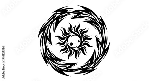 Abstract Tribal Sun Symbol, Yin Yang, Circle Swirl, Black and White Graphic