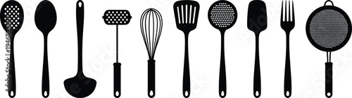 Silhouettes of essential kitchen utensils including spoons, ladle, whisk, spatula, fork, strainer, and masher for cooking, culinary design, food preparation, and restaurant tools