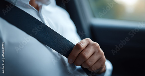 Man fastening seatbelt in car interior