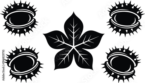 Stylized horse chestnut leaf silhouette with spiky seed pods, botanical nature illustration design, symmetrical decorative chestnut burr artwork for natural plant themed vector graphics