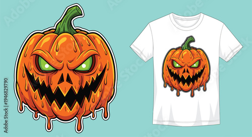 halloween pumpkin monster illustration, scary jack o lantern design, spooky dripping pumpkin graphic, horror halloween t shirt print