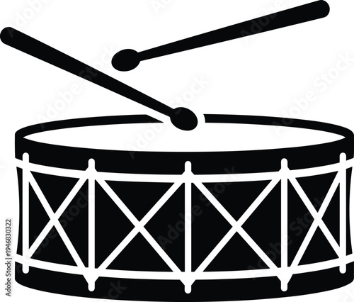 Snare drum with drumsticks icon, percussion instrument music band drum illustration isolated musical equipment symbol design