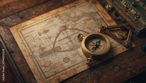 Vintage Compass on Antique Map with Wooden Background and Tools