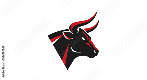 Bold graphic of a bull's head with sharp lines and dynamic red and black color scheme