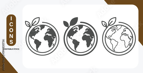 Earth nature care line and silhouette icon set with ecology planet, leaf and eco globe vector symbols.