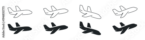 Airplane icon set, plane silhouette vector collection, flight transport symbols on transparent background