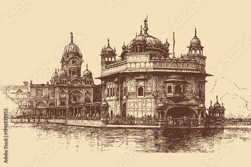Golden Temple, India illustration in a vintage style. This vector illustration can be used in any size you like for advertising, logos, and other work.
