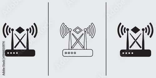 Wireless router icon collection crossed antenna signal broadcast vector set