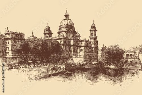 Golden Temple, India illustration in a vintage style. This vector illustration can be used in any size you like for advertising, logos, and other work.
