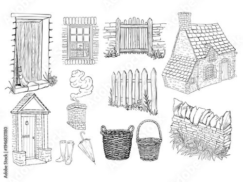 Rustic countryside cottage collection with stone house wooden door window fences chimney smoke baskets boots and umbrella black and white line art