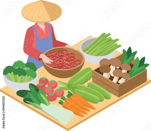 Isometric farmers market vegetables illustration, Asian farmer preparing fresh organic produce, healthy food ingredients display, agriculture harvest concept scene