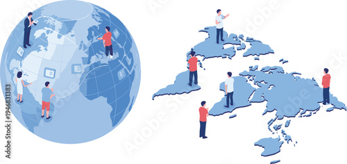 Isometric global communication illustration, people collaborating across world map and globe, digital connectivity, remote teamwork technology network concept