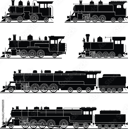 Black and white vintage steam train in various styles and locomotive des