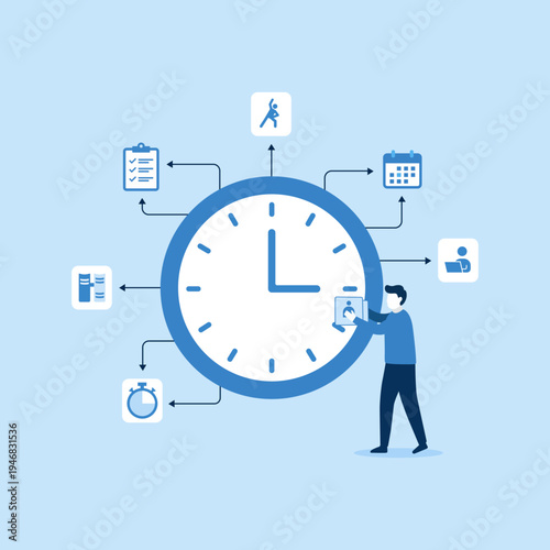 Solid Color Flat Illustration of Time Management and Productivity Concept with Person and Clock
