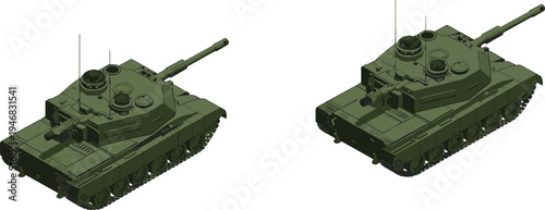 Isometric military tanks illustration, armored combat vehicles with cannon turret, modern battlefield equipment, army defense technology concept