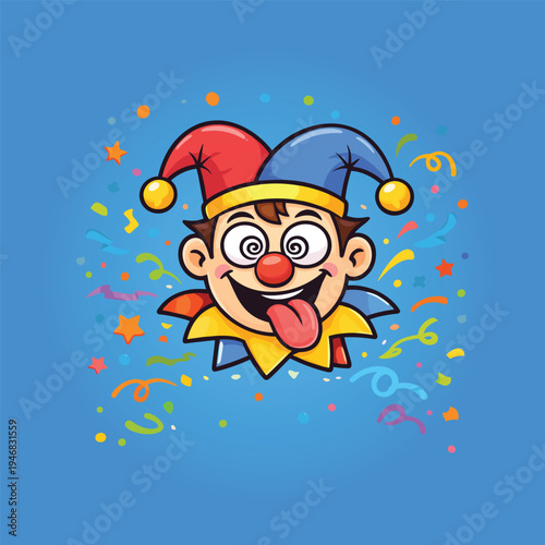 Funny April Fools Day Cartoon Jester Face with Spiral Eyes and Colorful Confetti