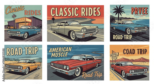 Vintage Car Road Trip Postcards - Classic American Muscle Cars.