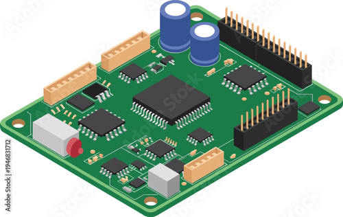Isometric printed circuit board illustration, electronic motherboard with microchips, capacitors and connectors, computer hardware technology engineering concept
