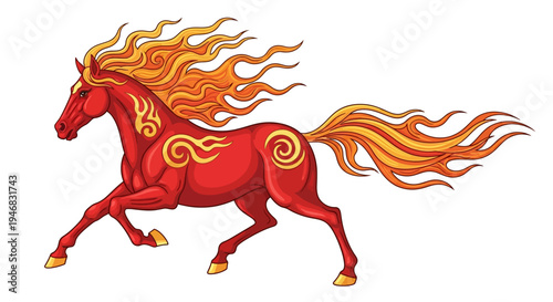 Fiery Red Horse with Flaming Mane and Tail Illustration