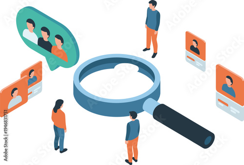 Isometric recruitment concept, HR candidate search, magnifying glass hiring process, human resources selection, employee profile screening, recruitment illustration