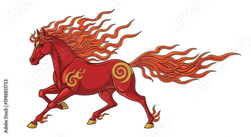 Fiery Red Horse Running with Flames Mane and Tail, Tribal Sun Symbol