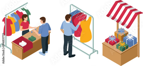 Isometric retail market scene, clothing store shopping, customer buying apparel, boutique fashion shop, gift stall kiosk, small business commerce illustration