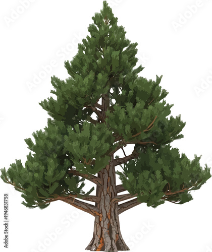 Realistic cutout of a mature evergreen pine tree featuring dense green foliage and a thick textured brown trunk isolated on a transparent background for design projects.