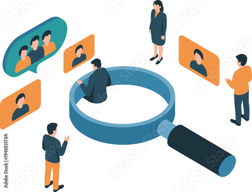 Isometric recruitment hiring concept, HR candidate selection process, magnifying glass talent search, employee profiles screening, human resources illustration