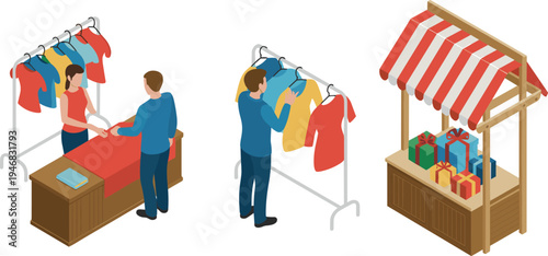 Isometric retail shopping scene, clothing boutique store, customer buying apparel, fashion rack display, gift market stall, small business commerce