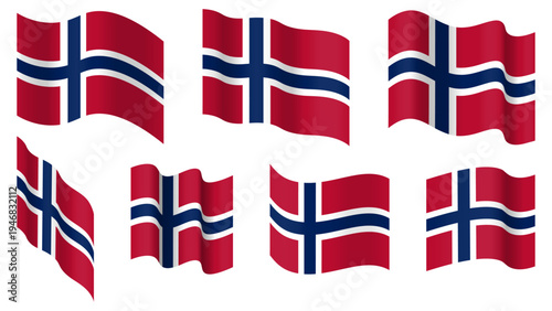 Norway flag set, Norway waving vector flag collection. Isolated on transparent background. Illustration. Design element for banner, presentation, sale, discount, advertisement, web.