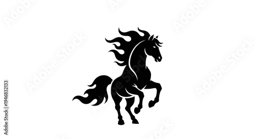 Black Horse Silhouette with Fiery Mane and Tail on White Background