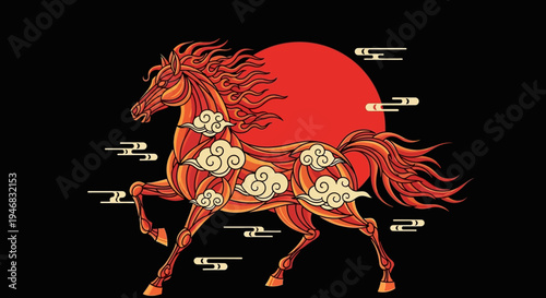 Fiery Horse Silhouette with Clouds and Red Sun