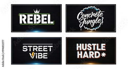 Collection of urban-themed typography designs featuring phrases like Rebel, Concrete Jungle, Street Vibe, and Hustle Hard, presented on a dark background with s