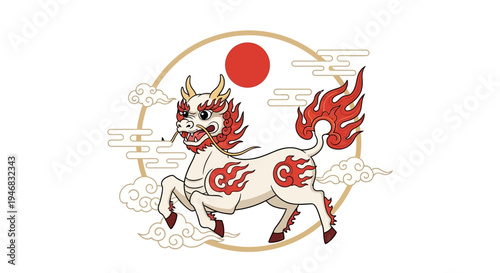 Mythical Chinese Qilin Horse Creature with Fiery Mane and Tail, Sun and Clouds